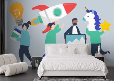 People characters holding creative business concept icons Wall mural