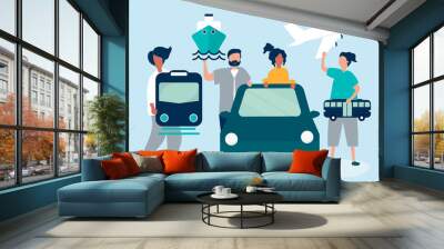 People holding different transportation icons Wall mural