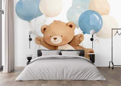 PNG  Cute bear holding balloons Wall mural