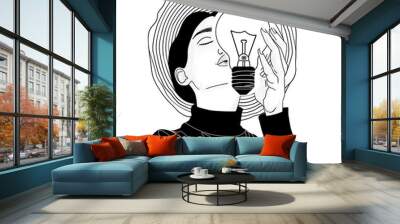 PNG  Person holding light bulb lightbulb drawing sketch. Wall mural