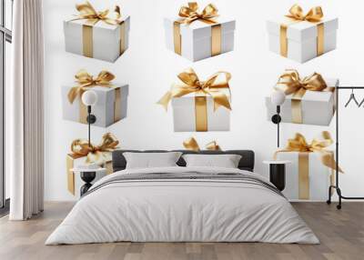 PNG white gift box golden ribbon element set, transparent background Wall mural