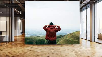 Rear view of man in hoodie jacket with nature landscape Wall mural