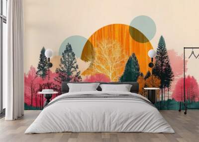 Retro collage of forest art vegetation landscape. Wall mural