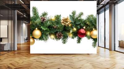 Seamless decorative christmas border with coniferous branches and garlands of christmas lights and ornaments cosmetics festival perfume. Wall mural