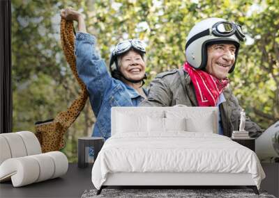 Senior couple riding a classic scooter Wall mural