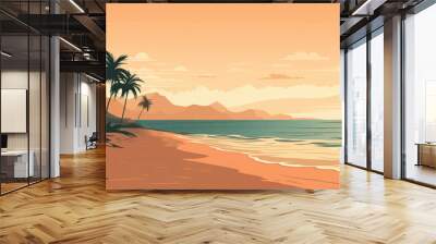 Serene tropical beach sunset illustration Wall mural