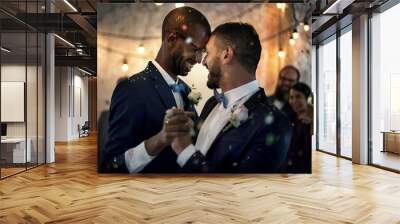 Smiling couple dancing on their wedding day Wall mural