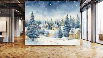 Snowy village under starry sky Wall mural