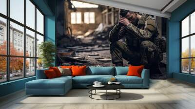 Soldier military worried sitting. Wall mural