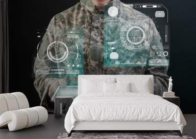 Soldier using virtual tablet hologram army technology Wall mural