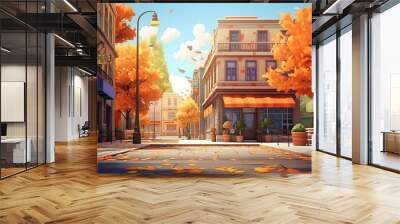 Street autumn city cartoon. Wall mural