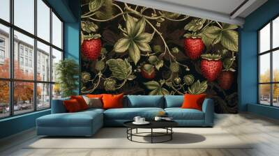 Stunning isolated strawberry in red and green color fruit plant food. Wall mural