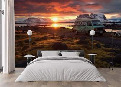 Sunset Scene of Moss cover on volcanic landscape car outdoors vacation. Wall mural