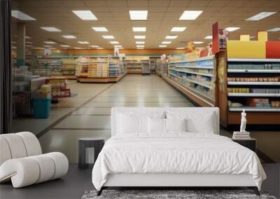 Supermarket cleaning aisle architecture consumerism arrangement. Wall mural