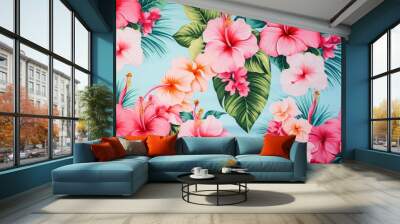 Textile hawaii pattern fabric hibiscus blossom flower. Wall mural