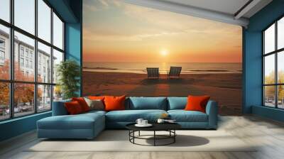 Two empty sunbeds sunset beach furniture. Wall mural