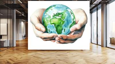 Two hands cupping green globe planet space white background. Wall mural