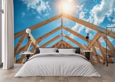 Under construction wooden timber framing architecture outdoors sky. Wall mural