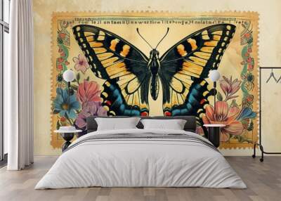 Vintage postage stamp with butterfly insect animal flower. Wall mural