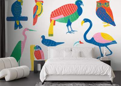 Vintage wild birds vector illustration set Wall mural