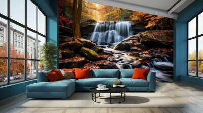 Waterfall autumn outdoors nature. Wall mural