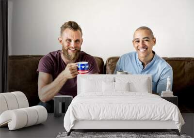 White men having morning coffee together Wall mural