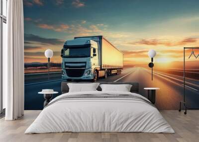 White truck transportation vehicle van. Wall mural