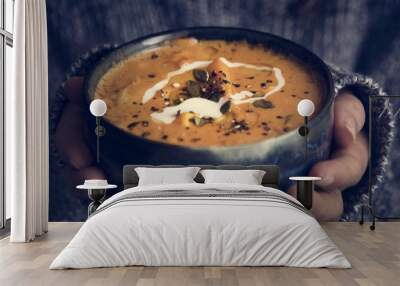 Woman holding a bowl of soup food photography recipe idea Wall mural