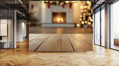 Wooden table top fireplace christmas decor. Wall mural