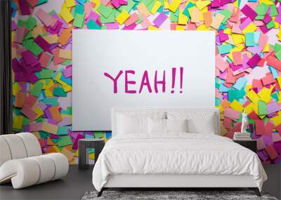 Yeah! text on paper and colorful party confetti background party concept Wall mural