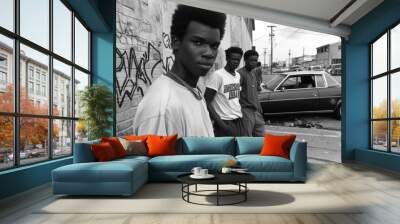 Young african american men street architecture portrait. Wall mural