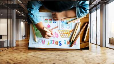 young boy coloring home sweet home Wall mural