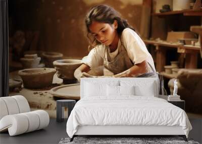 Young girl making ceramic pottery art concentration. Wall mural