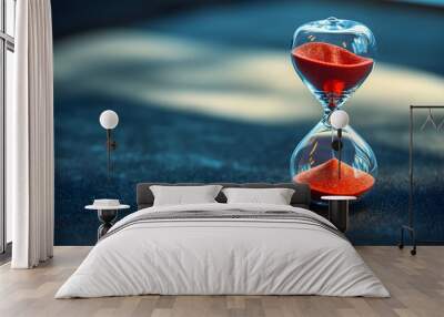 A striking close-up of an hourglass with red sand, emphasizing the flow of time against a blurred blue backdrop Wall mural