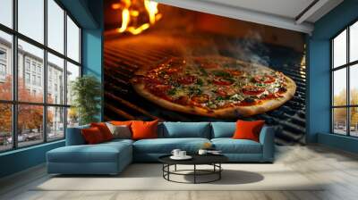 Aromatic Pizza Being Grilled Over An Open Flame, With Smoke Rising Wall mural