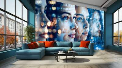 Multiple overlapping faces amidst digital graphics and glowing light orbs, representing the interconnected nature of humans and technology in the digital era Wall mural