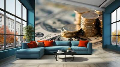 Stacked coins and banknotes symbolizing wealth and financial growth Wall mural