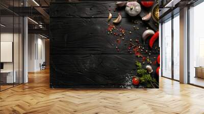 Black wooden background with various spices and herbswith fresh vegetables, oil bottles, tomato and garlic in a top view, cooking concept banner design  Wall mural