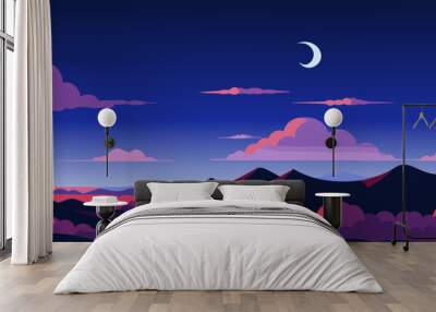 Night scene with a moon and clouds in the sky above mountains and hills with a crescent in the sky, Amir Zand, night sky, a matte painting, space art. Cartoon anime background. Vector illustration. Wall mural