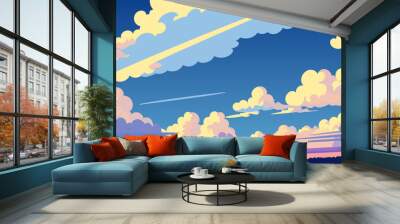 Painting of a sky with clouds and a plane in the sky above it with a blue sky and yellow clouds, vector art, space art. Cartoon anime background. Wall mural