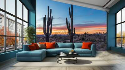 Close Up View Of Two Cactus Near A  Desert Trail At Sunset or Dusk Wall mural