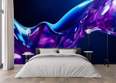 Abstract wavy background in purple and blue hues with a glossy, liquid metal appearance, wallpapers, or graphic design elements. Black blue purple silk satin. Сopy space for text or product  Wall mural