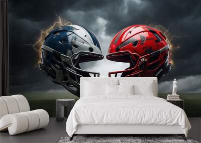 American football helmet. Two soccer helmets facing each other against a field with an overcast sky and a thunderstorm in the background. A confrontation between two teams Wall mural