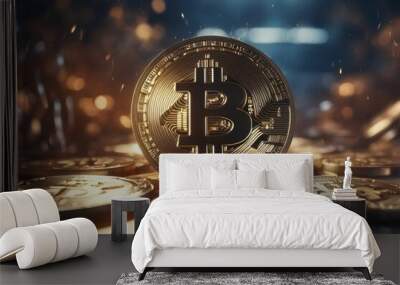 Bitcoin on desk with crypto trading chart on background. Bitcoin cryptocurrency coins symbolizing modern digital investment trends against a financial graph. Bitcoin gold coin investment concept  Wall mural