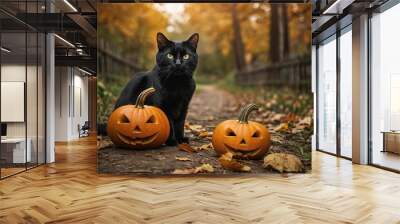 Black cat in autumn forest with pumpkin. Halloween jack o lanterns black cat beside. Halloween background Wall mural