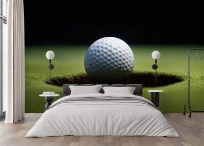 Close-up of a golf ball on a green lawn rolling into a hole. White golf ball on a green field at sunset. Banner. Close up Wall mural