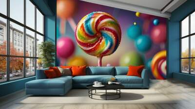 Colorful rainbow lollipops background. Vibrant swirl lollipop with glitter on a backdrop of multicolored candies Wall mural