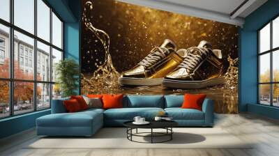 Creative product mockup of a stylish gold sneaker. Mockup of a trendy sneaker design, representing creativity in fashion and footwear. Sneaker falls into the water with a splash of drops Wall mural