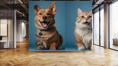 Dog and cat portrait on blue background isolated. Pets and companions. Commercial banner for advertising cat and dod food. Pets looking at the camera on blue background. Wallpaper. Copy space. Collage Wall mural