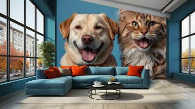 Dog and cat portrait on blue background isolated. Pets and companions. Commercial banner for advertising cat and dod food. Pets looking at the camera on blue background. Wallpaper. Copy space Wall mural